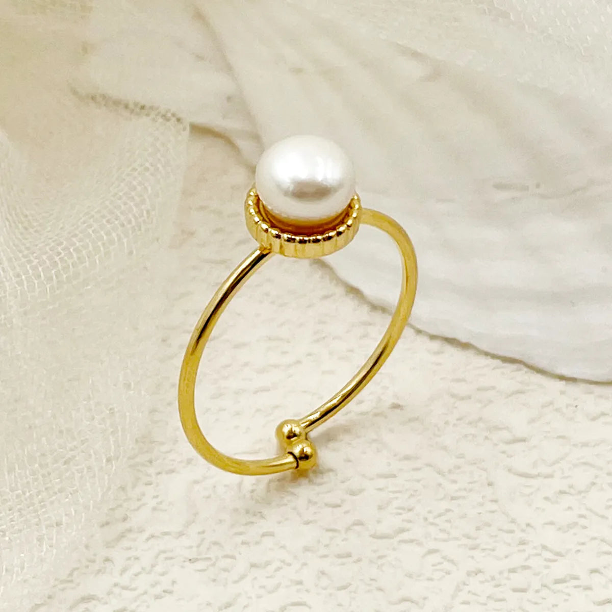 Commute Round Stainless Steel Plating Inlay Artificial Pearls Gold Plated Open Rings