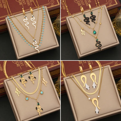 Commute Snake Stainless Steel Inlay Artificial Diamond Layered Necklaces