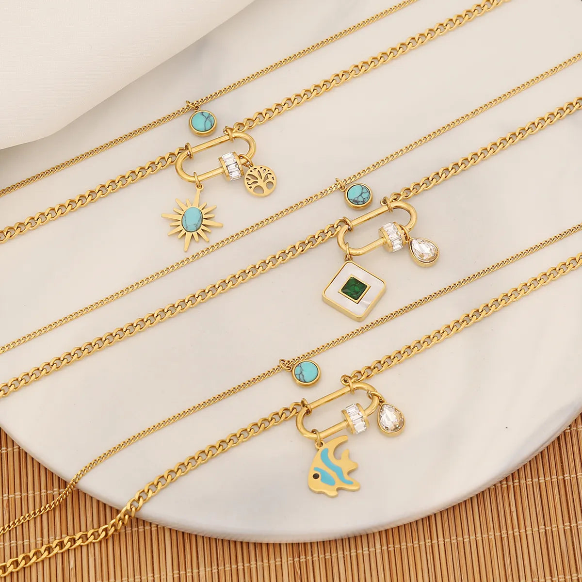 Commute Square Star Snake Stainless Steel Plating Inlay Turquoise Zircon Double Layer Necklaces