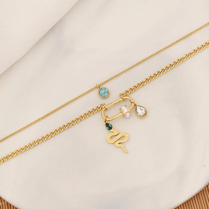 Commute Square Star Snake Stainless Steel Plating Inlay Turquoise Zircon Double Layer Necklaces