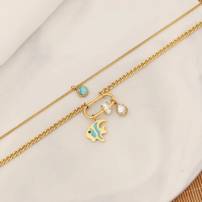 Commute Square Star Snake Stainless Steel Plating Inlay Turquoise Zircon Double Layer Necklaces