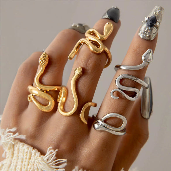 Cool Punk Style Unisex Snake Pattern Ring Set Alloy Electroplated