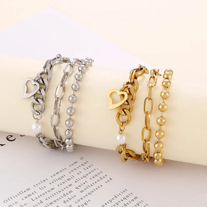 Cool Style Heart Shape Stainless Steel Inlay Artificial Pearls 18k Gold Plated Necklace