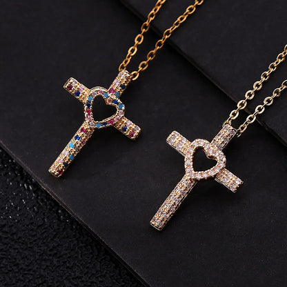 Cool Style Shiny Cross Heart Shape Copper Plating Hollow Out Inlay Zircon Pendant Necklace