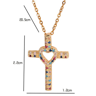 Cool Style Shiny Cross Heart Shape Copper Plating Hollow Out Inlay Zircon Pendant Necklace