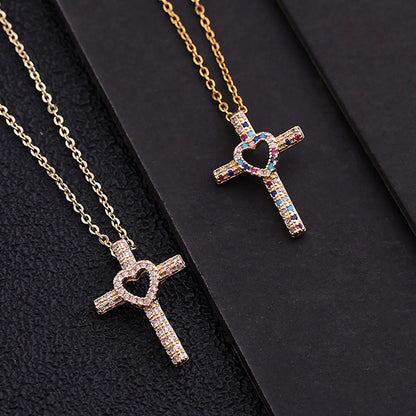 Cool Style Shiny Cross Heart Shape Copper Plating Hollow Out Inlay Zircon Pendant Necklace