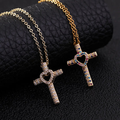 Cool Style Shiny Cross Heart Shape Copper Plating Hollow Out Inlay Zircon Pendant Necklace