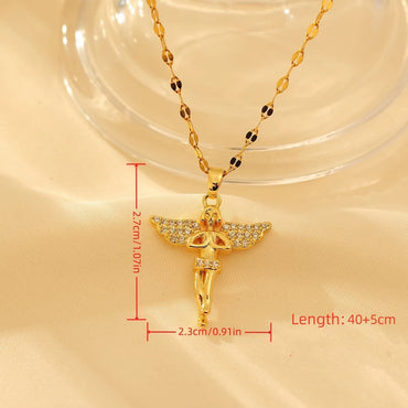 Copper 14K Gold Plated 18K Gold Plated Retro Lady Inlay Angel Angel Wings Rhinestones Pendant Necklace