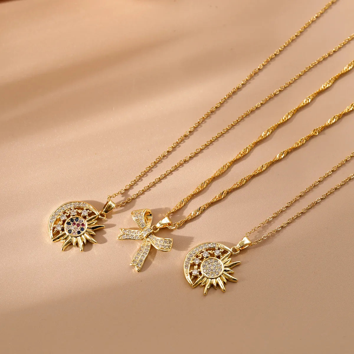 Copper 14K Gold Plated 18K Gold Plated Simple Style Classic Style Plating Inlay Bow Knot Zircon Pendant Necklace