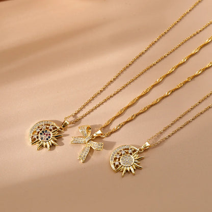 Copper 14K Gold Plated 18K Gold Plated Simple Style Classic Style Plating Inlay Bow Knot Zircon Pendant Necklace