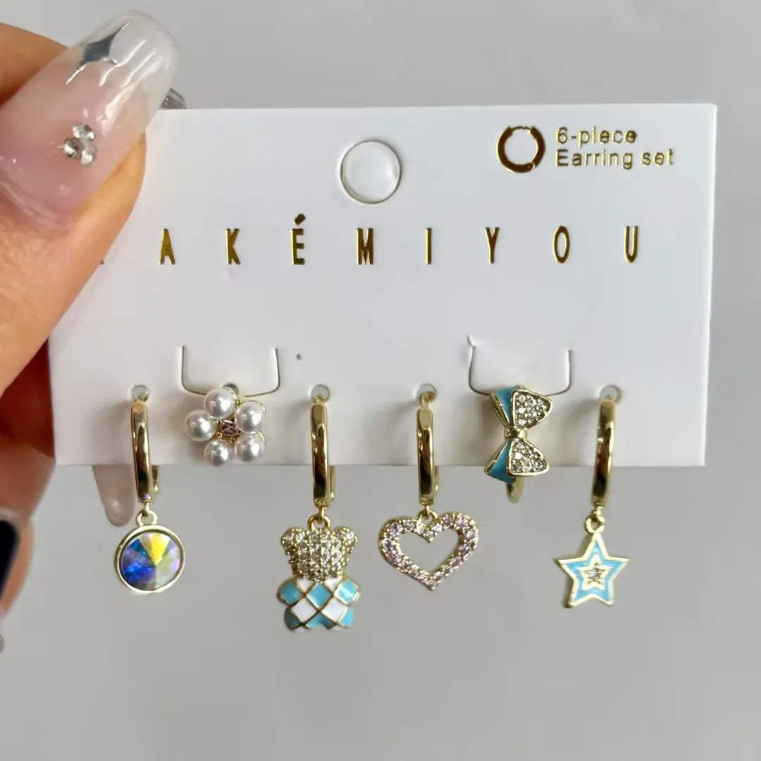 Copper 14K Gold Plated Casual Enamel Inlay Star Bear Heart Shape Zircon Drop Earrings