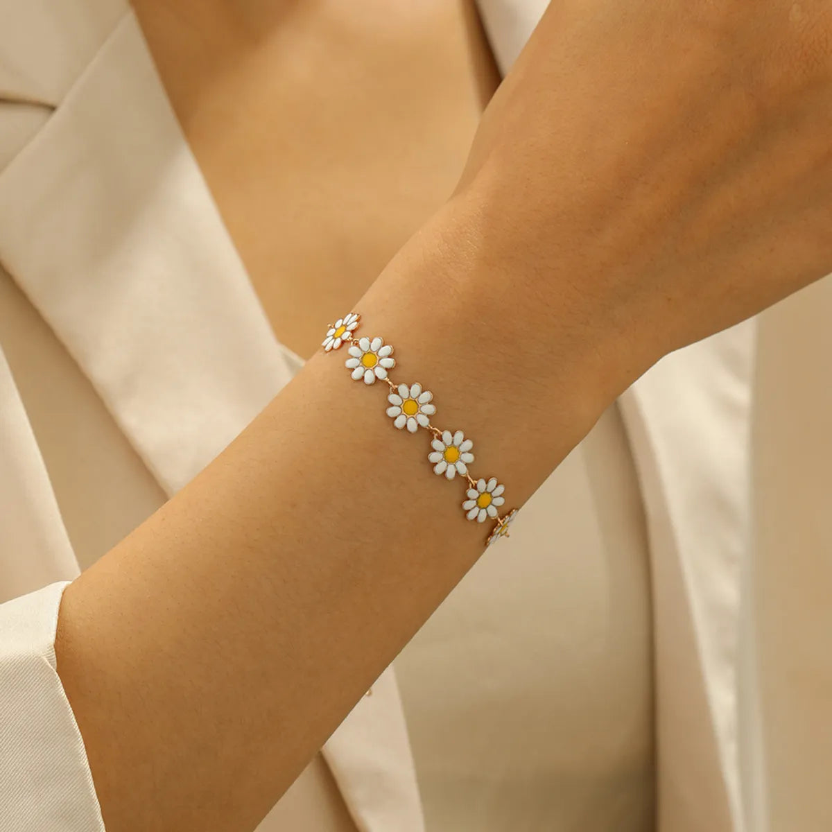 Copper 14K Gold Plated Cute Sweet Pastoral Flower Daisy Enamel Bracelets