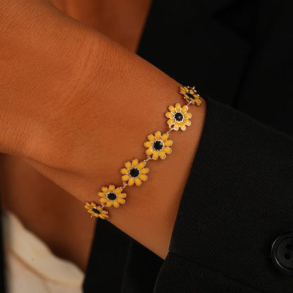 Copper 14K Gold Plated Cute Sweet Pastoral Flower Daisy Enamel Bracelets