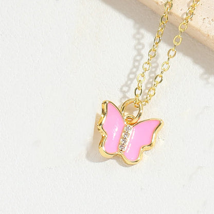 Copper 14K Gold Plated Enamel Butterfly Pendant Necklace