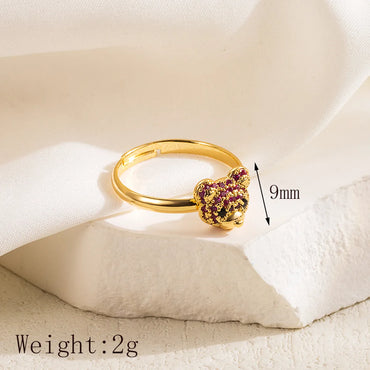 Copper 14K Gold Plated IG Style Cute Inlay Bear Zircon Open Rings