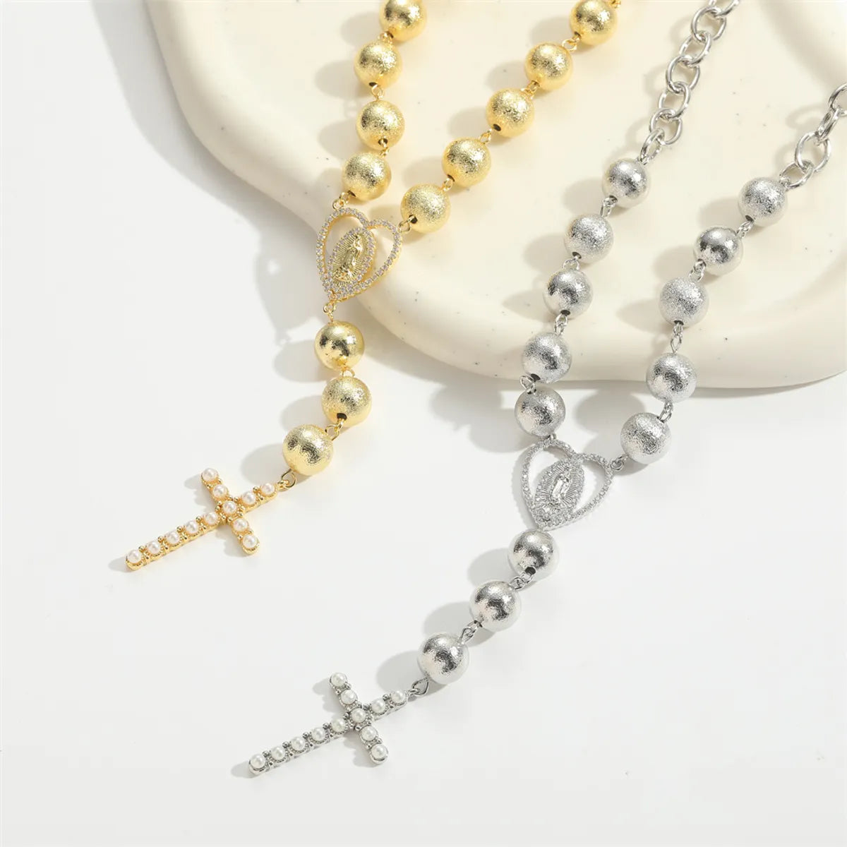 Copper 14K Gold Plated Inlay Cross Heart Shape Artificial Pearls Zircon Pendant Necklace