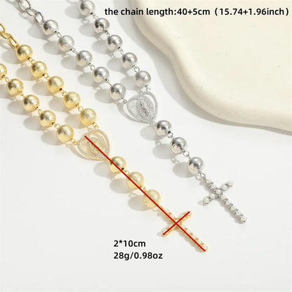 Copper 14K Gold Plated Inlay Cross Heart Shape Artificial Pearls Zircon Pendant Necklace