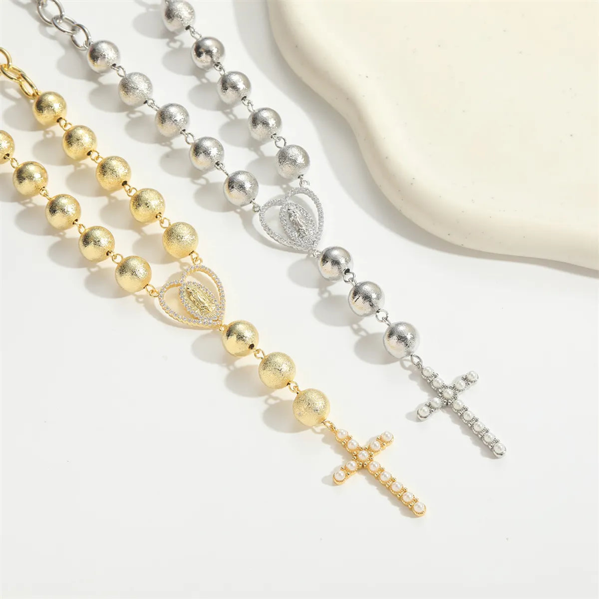 Copper 14K Gold Plated Inlay Cross Heart Shape Artificial Pearls Zircon Pendant Necklace