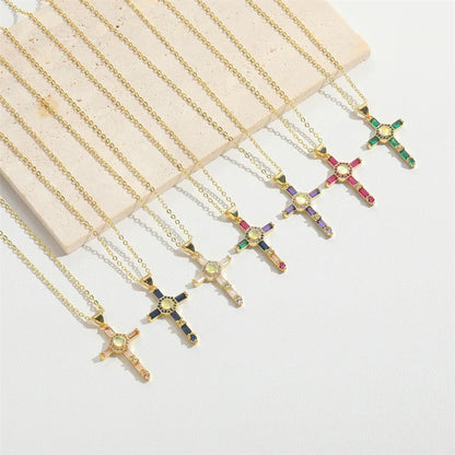 Copper 14K Gold Plated Inlay Cross Resin Zircon Pendant Necklace