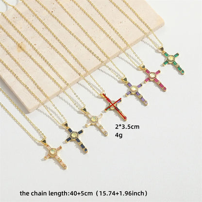 Copper 14K Gold Plated Inlay Cross Resin Zircon Pendant Necklace