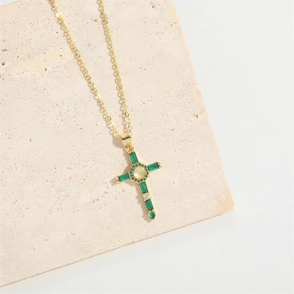 Copper 14K Gold Plated Inlay Cross Resin Zircon Pendant Necklace