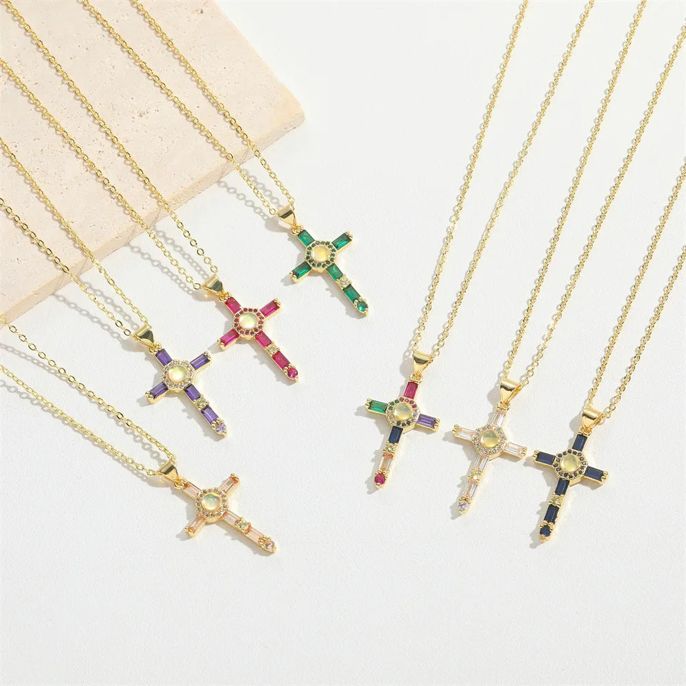 Copper 14K Gold Plated Inlay Cross Resin Zircon Pendant Necklace