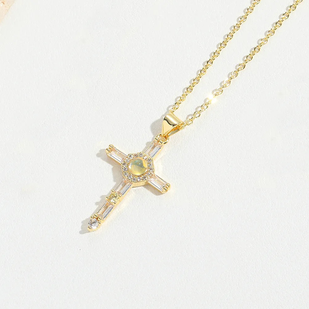 Copper 14K Gold Plated Inlay Cross Resin Zircon Pendant Necklace