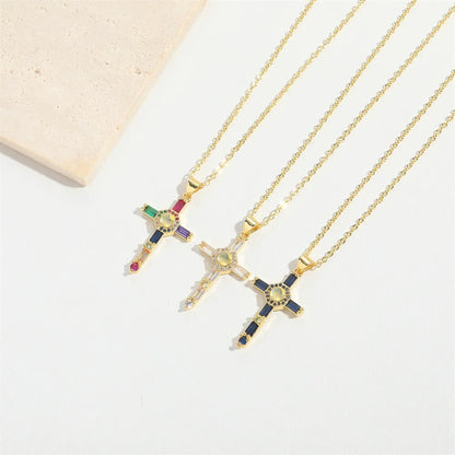 Copper 14K Gold Plated Inlay Cross Resin Zircon Pendant Necklace