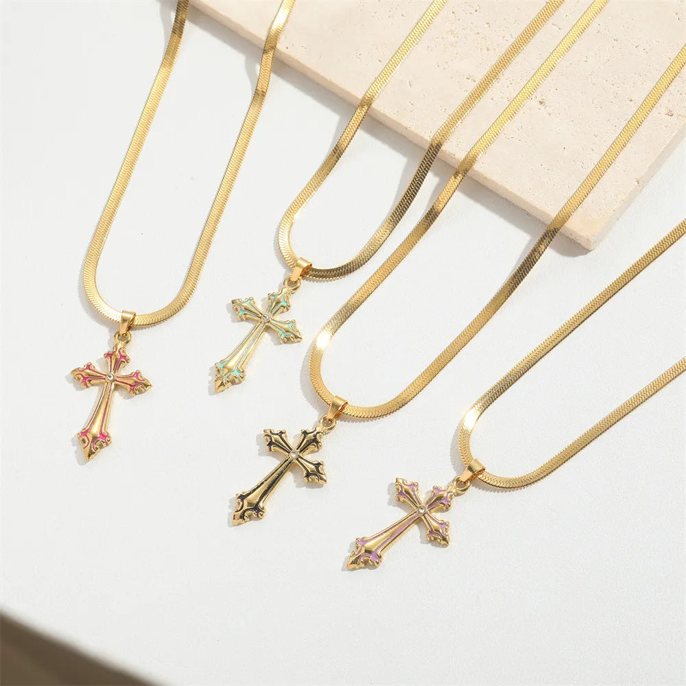 Copper 14K Gold Plated Inlay Cross Zircon Pendant Necklace