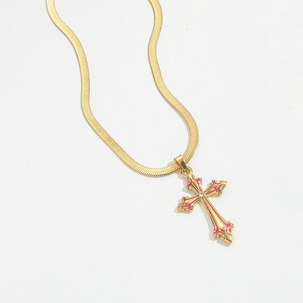 Copper 14K Gold Plated Inlay Cross Zircon Pendant Necklace