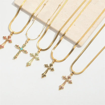 Copper 14K Gold Plated Inlay Cross Zircon Pendant Necklace