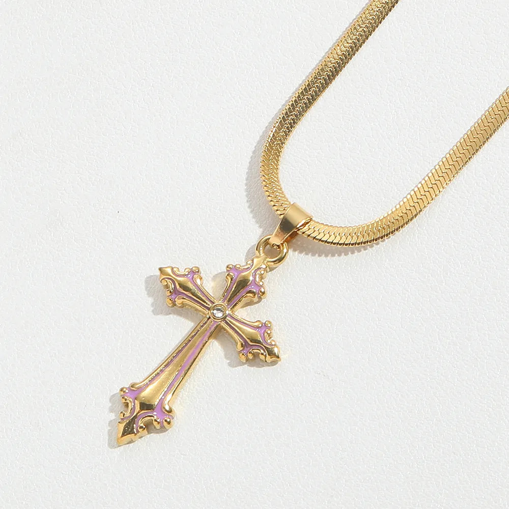 Copper 14K Gold Plated Inlay Cross Zircon Pendant Necklace