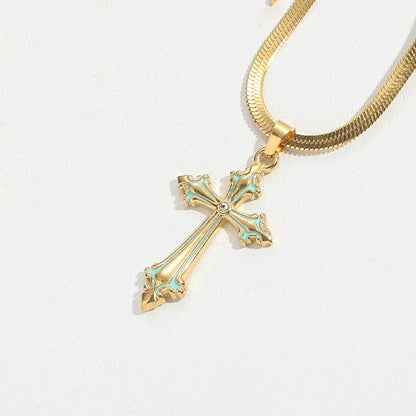 Copper 14K Gold Plated Inlay Cross Zircon Pendant Necklace