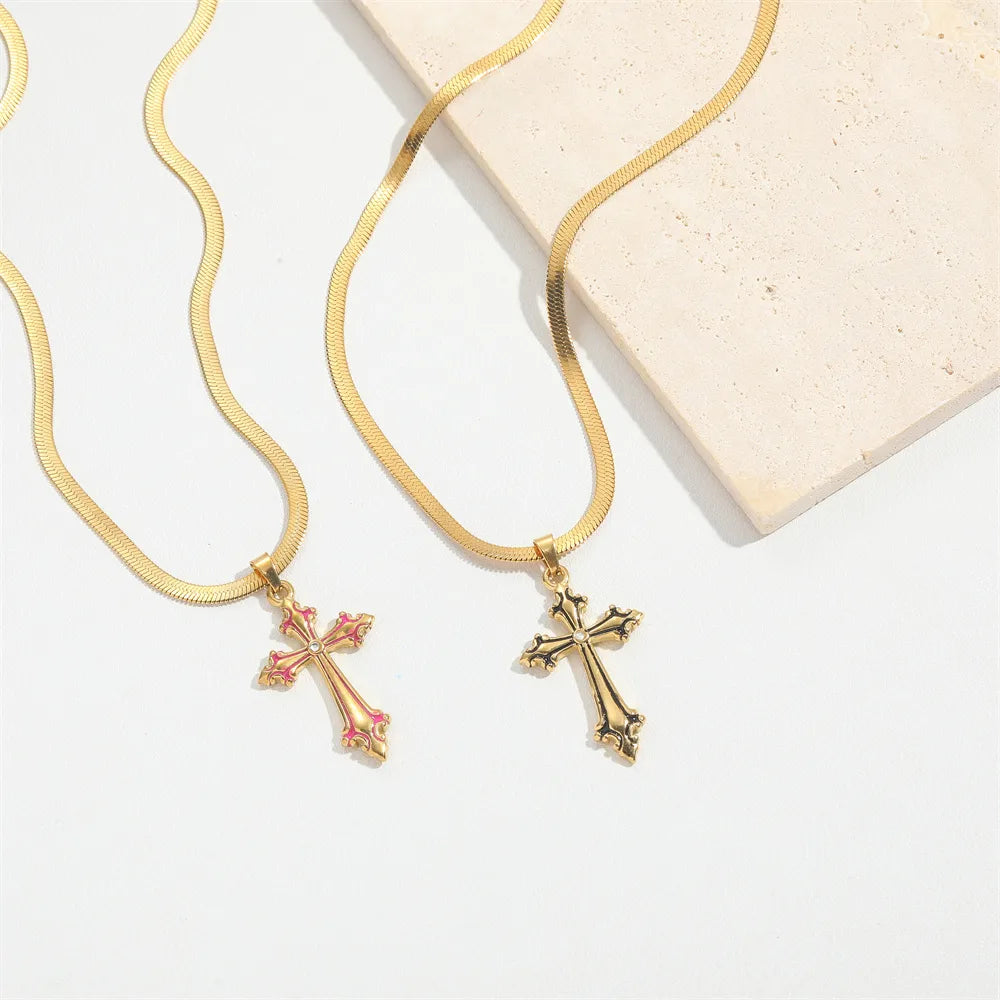 Copper 14K Gold Plated Inlay Cross Zircon Pendant Necklace