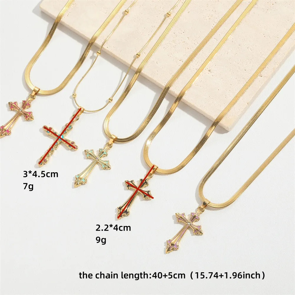 Copper 14K Gold Plated Inlay Cross Zircon Pendant Necklace