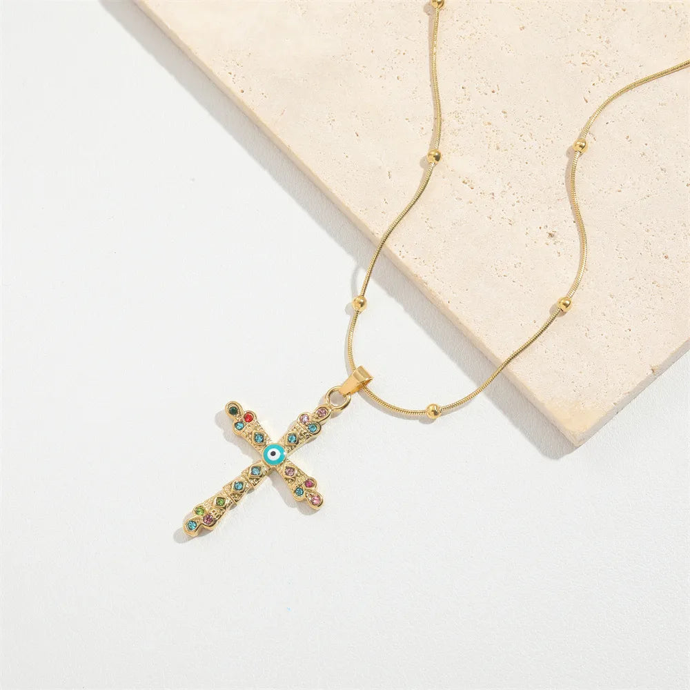 Copper 14K Gold Plated Inlay Cross Zircon Pendant Necklace