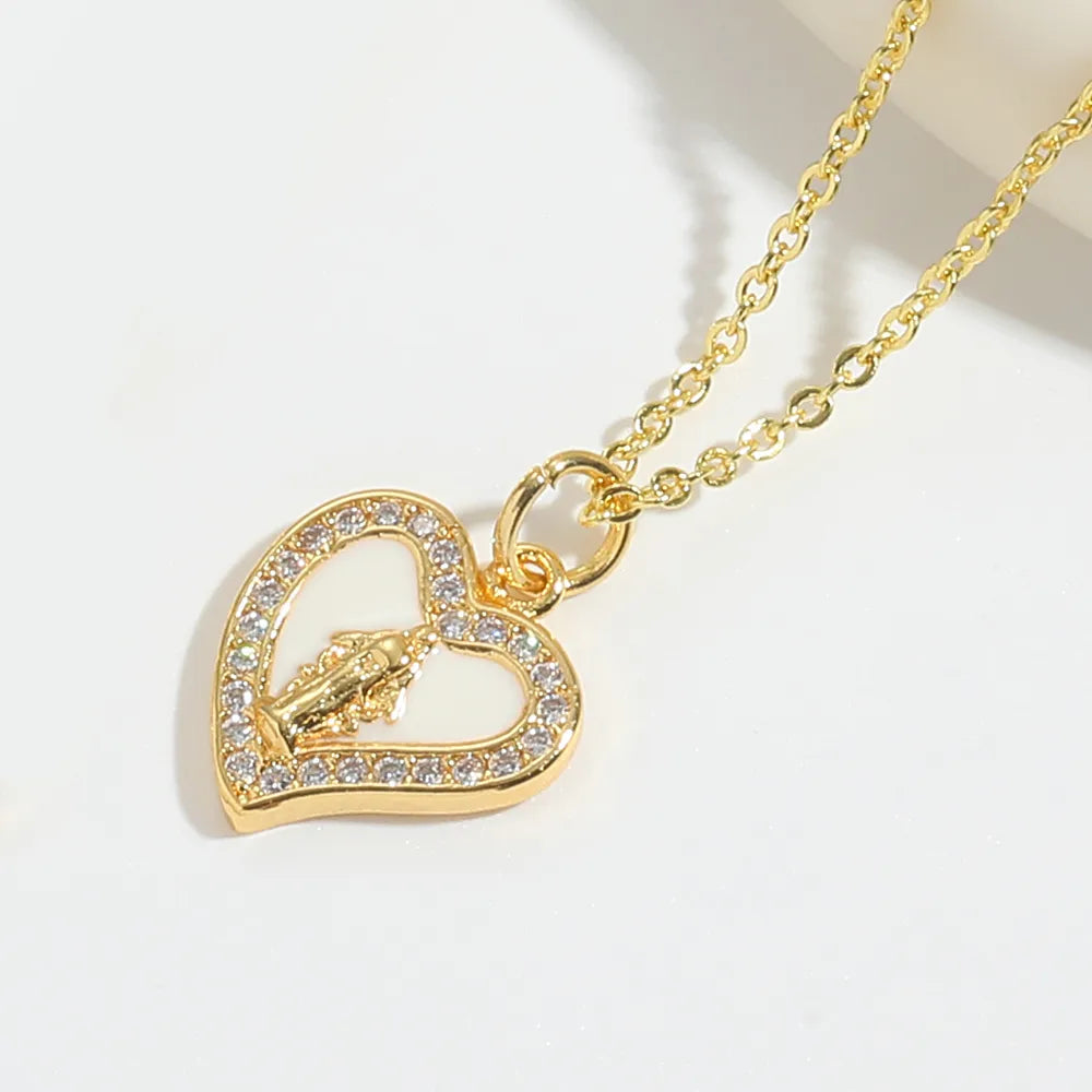 Copper 14K Gold Plated Inlay Heart Shape Zircon Pendant Necklace