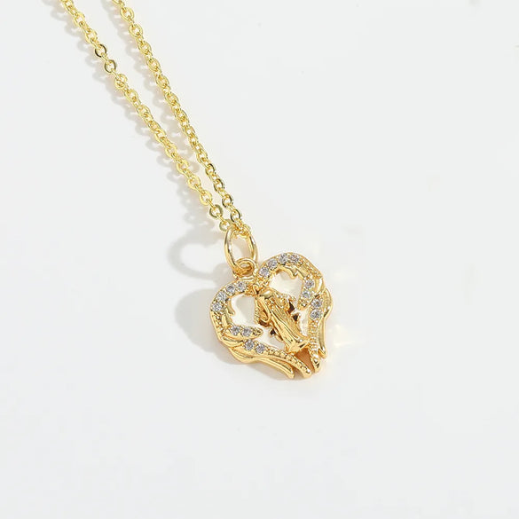Copper 14K Gold Plated Inlay Heart Shape Zircon Pendant Necklace