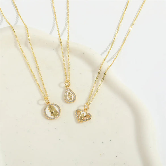 Copper 14K Gold Plated Inlay Heart Shape Zircon Pendant Necklace