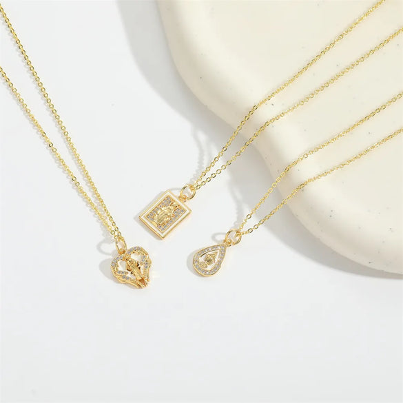 Copper 14K Gold Plated Inlay Heart Shape Zircon Pendant Necklace