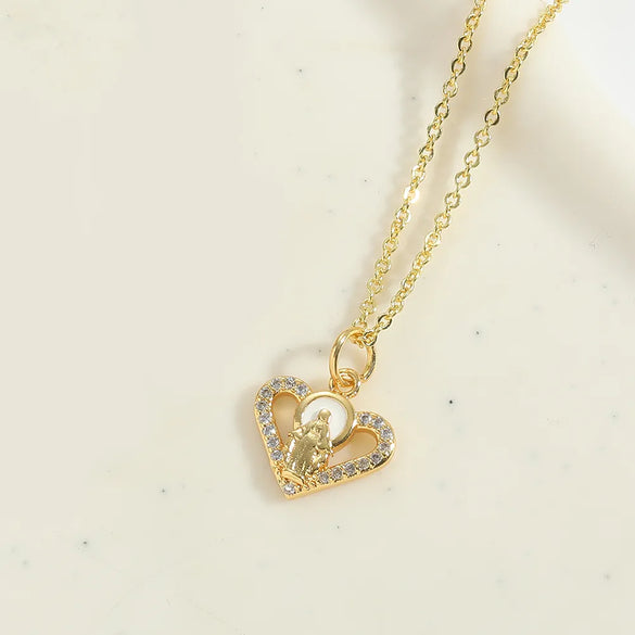 Copper 14K Gold Plated Inlay Heart Shape Zircon Pendant Necklace