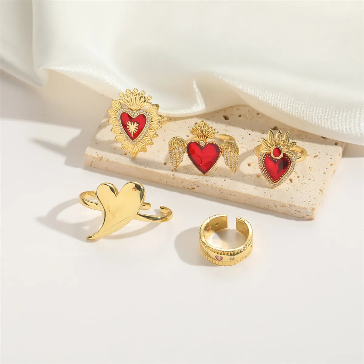 Copper 14K Gold Plated Inlay Heart Shape Zircon Rings