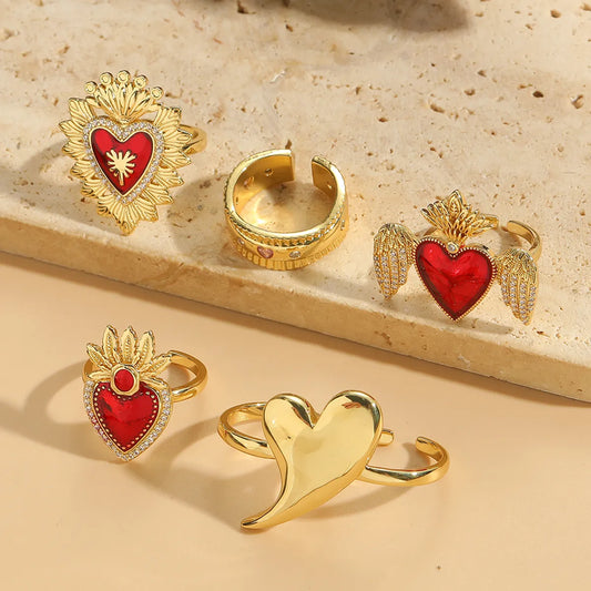 Copper 14K Gold Plated Inlay Heart Shape Zircon Rings