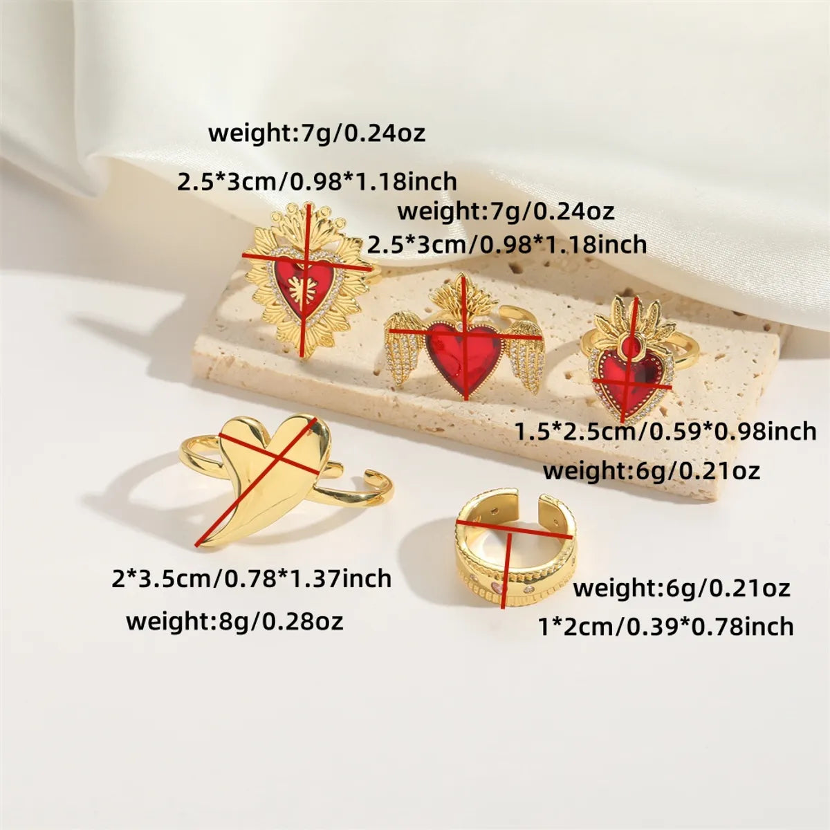 Copper 14K Gold Plated Inlay Heart Shape Zircon Rings