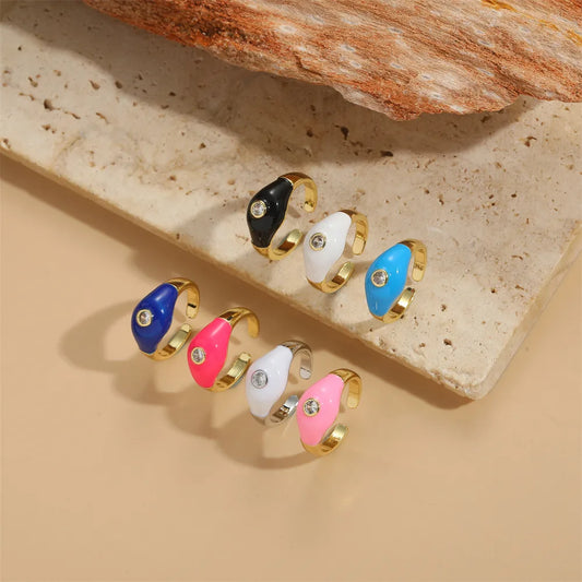 Copper 14K Gold Plated Vintage Style Simple Style Commute Enamel Inlay Geometric Zircon Open Rings