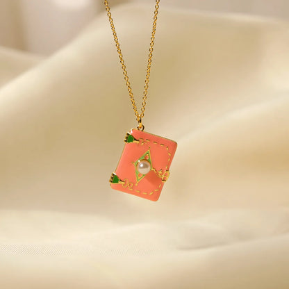 Copper 14K Gold Plated Y2K Cute Sweet Enamel Inlay Book Pearl Pendant Necklace