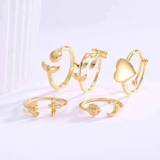 Copper 18K Gold Plated Animal Moon Leaves Open Rings