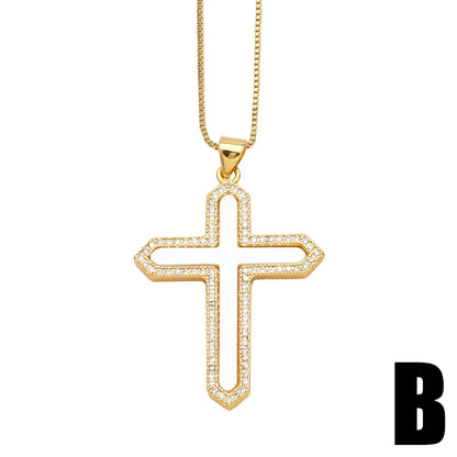 Copper 18K Gold Plated Basic Classic Style Commute Plating Inlay Cross Round Zircon Pendant Necklace