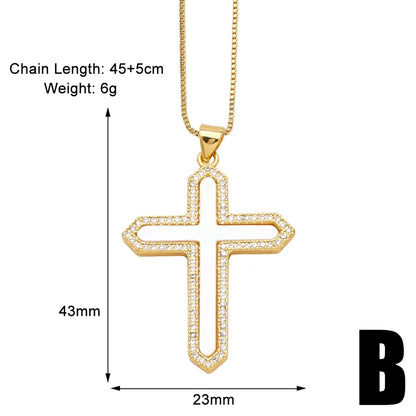 Copper 18K Gold Plated Basic Classic Style Commute Plating Inlay Cross Round Zircon Pendant Necklace