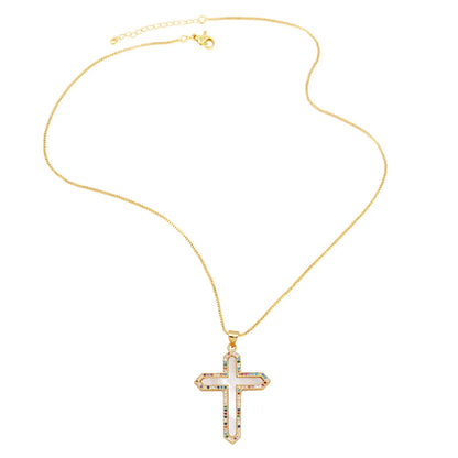 Copper 18K Gold Plated Basic Classic Style Commute Plating Inlay Cross Round Zircon Pendant Necklace